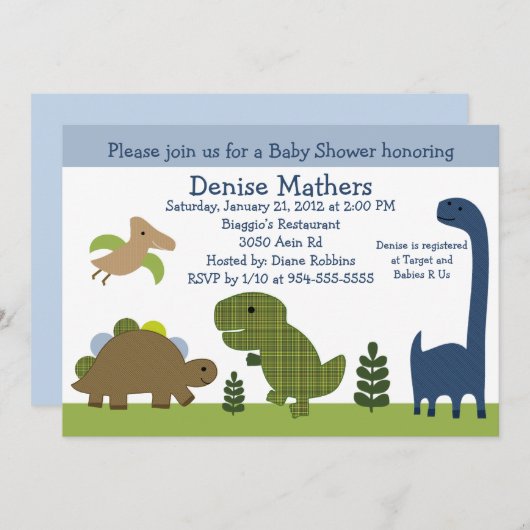 Schattige uitnodiging voor het Baby shower Dino/Di (Voorkant / Achterkant)