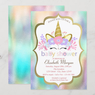 Schattige unicorn, Floral, holografisch Baby showe Kaart