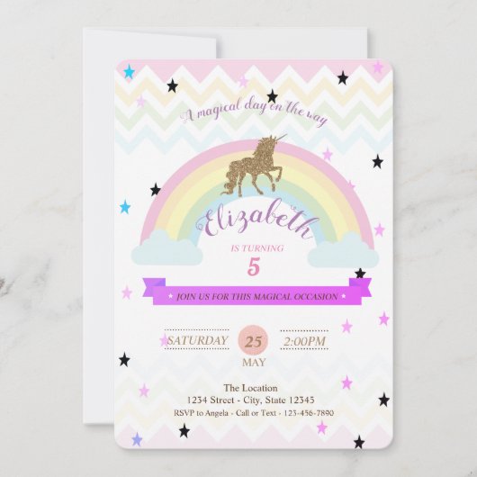 Schattige Unicorn, regenboogsterstars, uitnodiging (Voorkant)