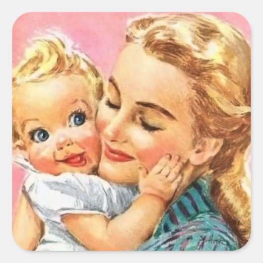 schattige unisex baby mam retro  vierkante sticker (Voorkant)