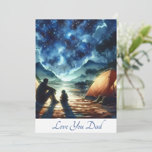 Schattige vader en zoon gaan samen kamperen aquare feestdagenkaart (Staand voorkant)