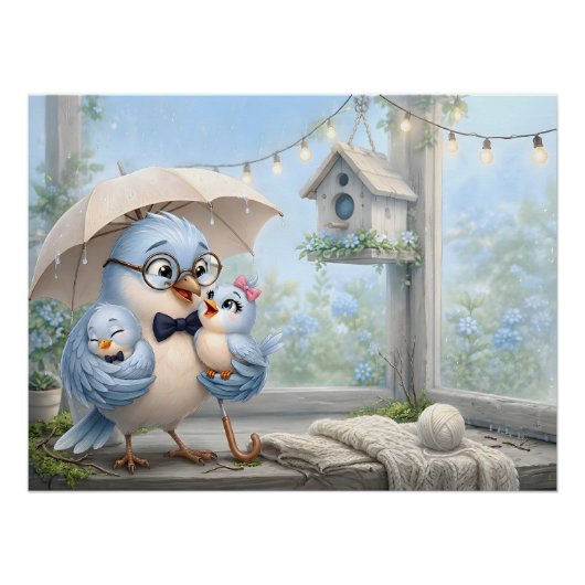 Schattige Vader Vogel & Baby Glanzende Poster (Voorkant)