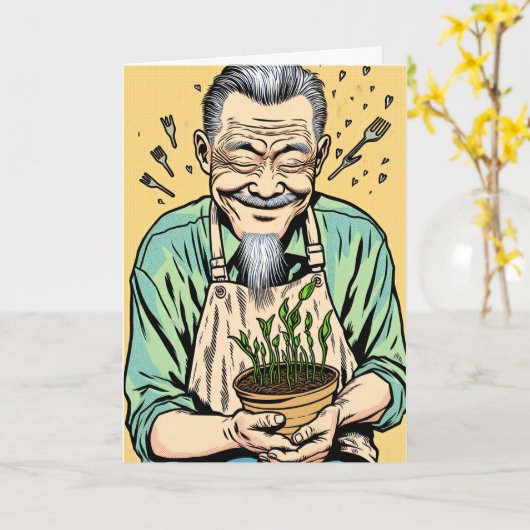 Schattige Vaderdag | Aziatische vader met een plan Kaart (Gele Bloem)