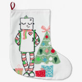 Schattige vakantierobot, boom, en schitterende sto grote kerstsok (Voorkant)