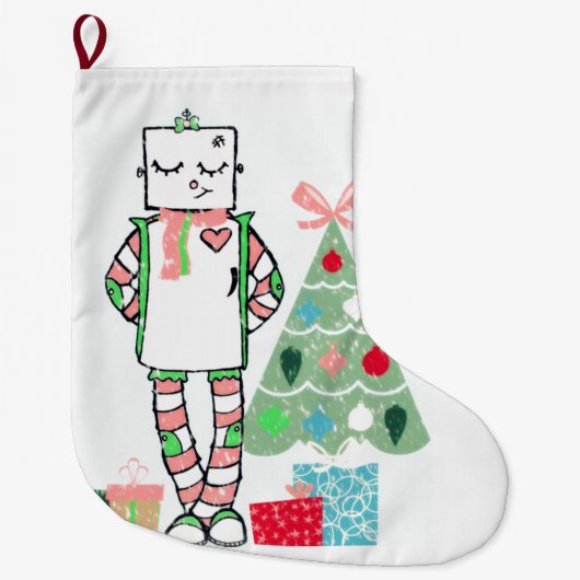 Schattige vakantierobot, boom, en schitterende sto grote kerstsok (Voorkant)