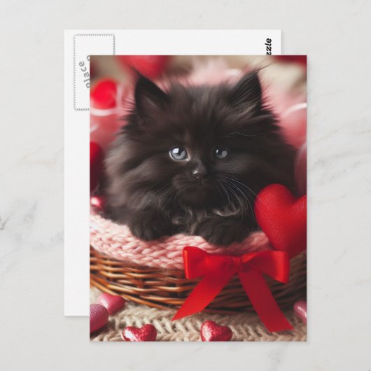 Schattige Valentijn Fluffy Black Kitten in mand Briefkaart (Voorkant / Achterkant)