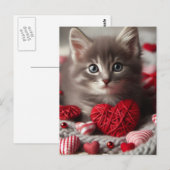Schattige Valentijn Fluffy Grey Kitten met Harten Briefkaart (Voorkant / Achterkant)