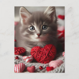 Schattige Valentijn Fluffy Grey Kitten met Harten Briefkaart
