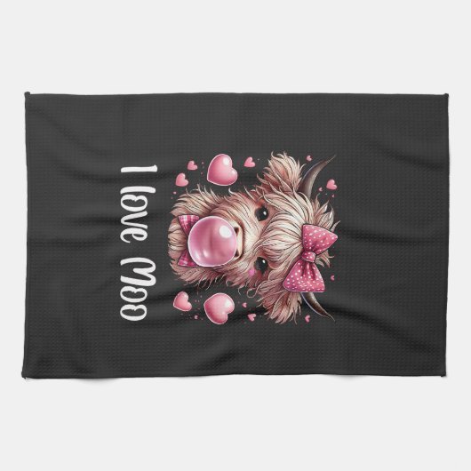 Schattige Valentijn Highland Koe (witte tekst) Theedoek (Horizontaal)