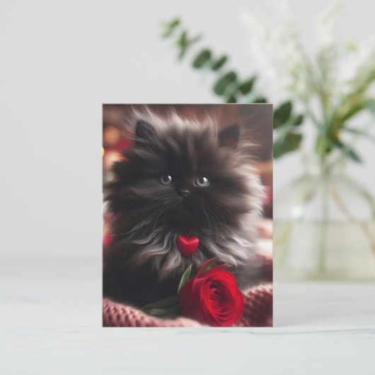 Schattige Valentijn Zwart Kitten Briefkaart (Staand voorkant)
