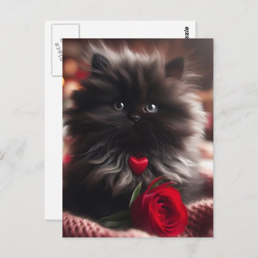 Schattige Valentijn Zwart Kitten Briefkaart (Voorkant / Achterkant)