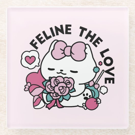 Schattige Valentijns Cat Design – Feline the Love Glazen Onderzetter (Voorkant)