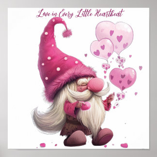 Schattige Valentijn's Day Gnome met hartballonnen Poster