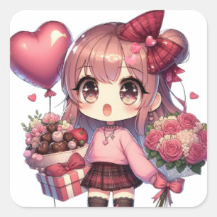 Schattige Valentijnsdag anime meisje Vierkante Sticker