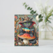 Schattige Vampier Kat Met Een Vis Op Een Paddestoe Briefkaart (Staand voorkant)