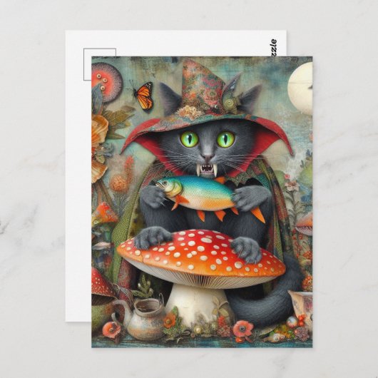 Schattige Vampier Kat Met Een Vis Op Een Paddestoe Briefkaart (Voorkant / Achterkant)