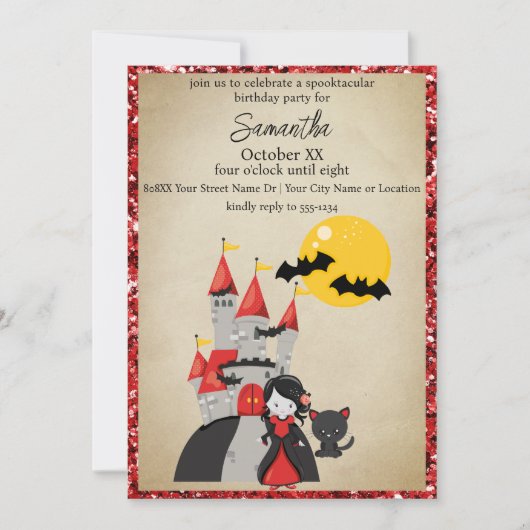 Schattige Vampier Meisje en Haunted Castle Hallowe Kaart (Voorkant)