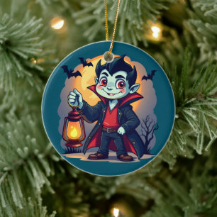 Schattige vampier met lantaarn Kawaii Halloween Keramisch Ornament
