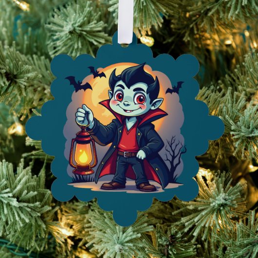 Schattige vampier met lantaarn Kawaii Halloween Ornament Kaart (Insitu (Drie))