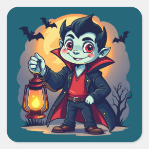 Schattige vampier met lantaarn Kawaii Halloween Vierkante Sticker