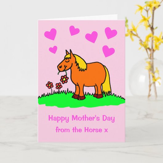 Schattige Van De Paard Cartoon Roze Moederdag Kaar Kaart (Gele Bloem)