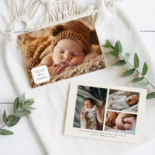 Schattige 'Vanaf Scratch' Label | 4 Foto Geboorte Aankondiging