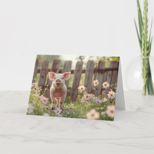Schattige varken in de bloementuin kaart (Voorkant)