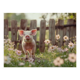 Schattige varken in de bloementuin perfect poster