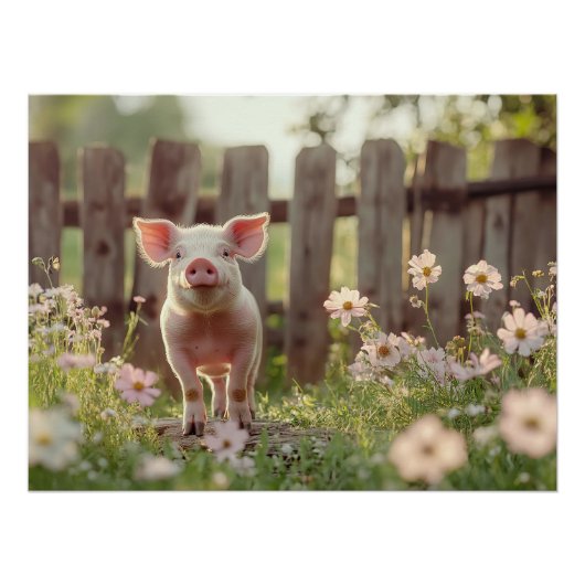 Schattige varken in de bloementuin perfect poster (Voorkant)