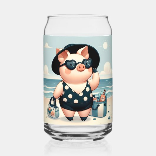 Schattige Varken in Polka Dot Zwempak op het stran Blikvorm Glas (Achterkant)