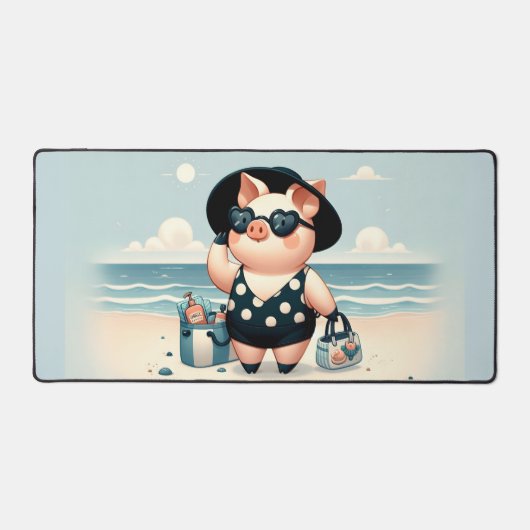 Schattige Varken in Polka Dot Zwempak op het stran Bureaumat (Voorkant)