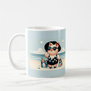 Schattige Varken in Polka Dot Zwempak op het stran Koffiemok