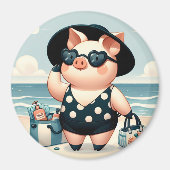 Schattige Varken in Polka Dot Zwempak op het stran Magneet (Voorkant)