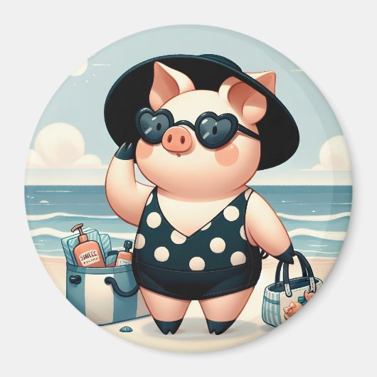 Schattige Varken in Polka Dot Zwempak op het stran Magneet (Voorkant)