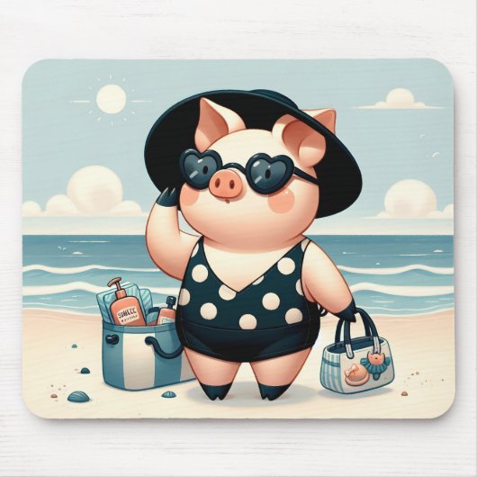Schattige Varken in Polka Dot Zwempak op het stran Muismat (Voorkant)