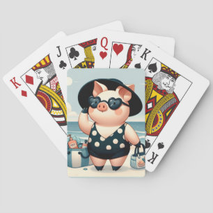 Schattige Varken in Polka Dot Zwempak op het stran Pokerkaarten