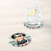 Schattige Varken in Polka Dot Zwempak op het stran Ronde Kartonnen Onderzetter (Insitu)