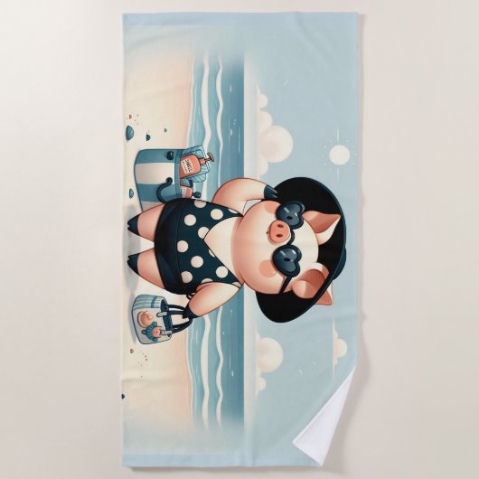 Schattige Varken in Polka Dot Zwempak op het stran Strandlaken (Voorkant)