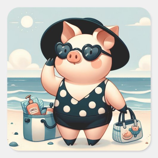 Schattige Varken in Polka Dot Zwempak op het stran Vierkante Sticker (Voorkant)