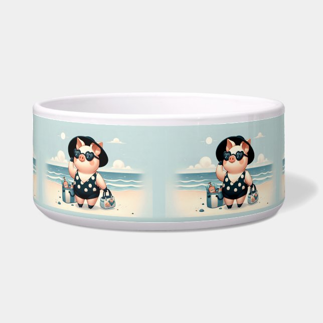 Schattige Varken in Polka Dot Zwempak op het stran Voerbakje (Voorkant)