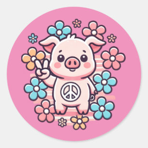 Schattige Varken met Vredesteken & 70's Thema Flow Ronde Sticker