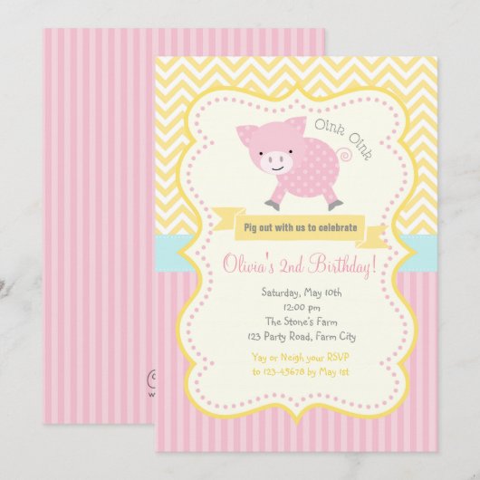 Schattige Varken / Piggy Pastel Verjaardagsuitnodi Kaart (Voorkant / Achterkant)