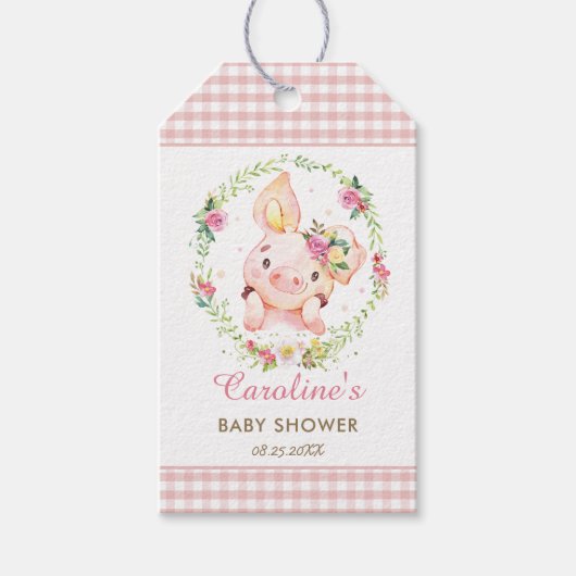 Schattige Varken Roze Bloemen Baby shower Verjaard Cadeaulabel (Voorkant)