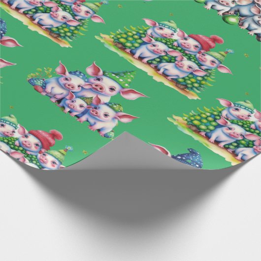 Schattige Varkens op Groene Kerst Gift Wrap Cadeaupapier (Hoek)