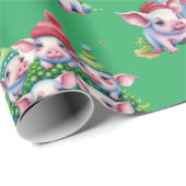 Schattige Varkens op Groene Kerst Gift Wrap Cadeaupapier (Rol Hoek)