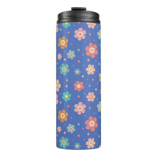 Schattige veelkleurig bloemmotief op blauw thermosbeker (Voorkant)