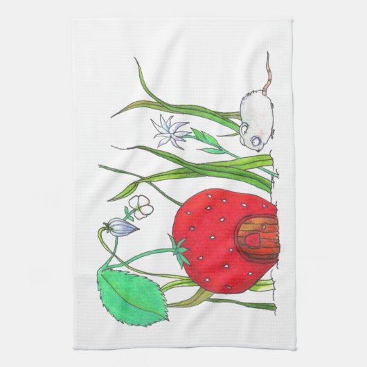 schattige veldmuis en grote rode aardbeienhuis theedoek (Verticaal)