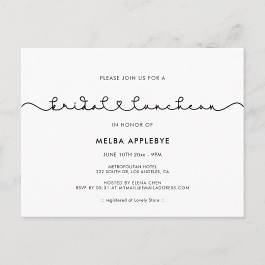Schattige verbindingshart lettertype Bridal lunche Briefkaart (Voorkant)