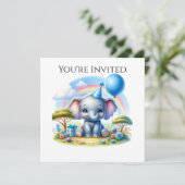 Schattige Verjaardag Olifant in Blue Party Pet Kaart (Staand voorkant)