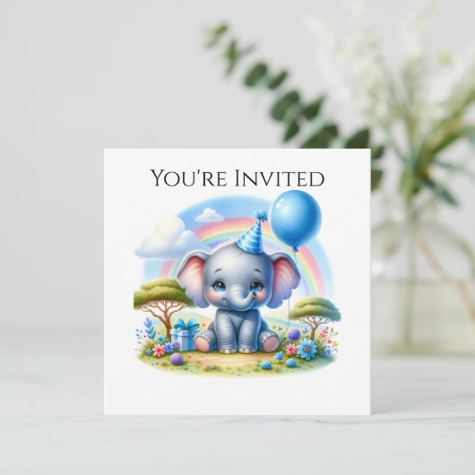 Schattige Verjaardag Olifant in Blue Party Pet Kaart (Staand voorkant)